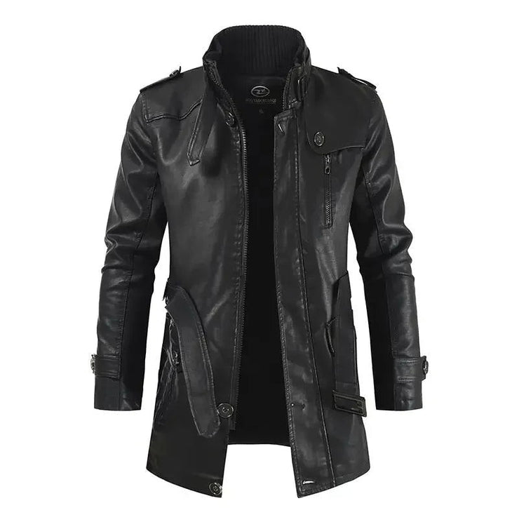 Schwarze Lederjacke mit Stehkragen und Schulterriegeln vorne