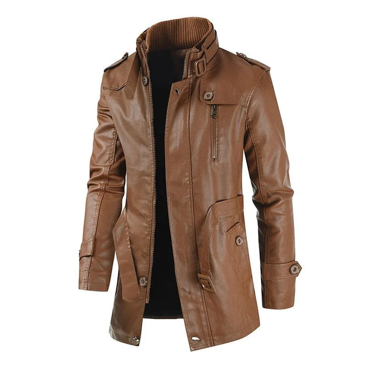 Braune Lederjacke mit Strickkragen und aufgesetzten Taschen