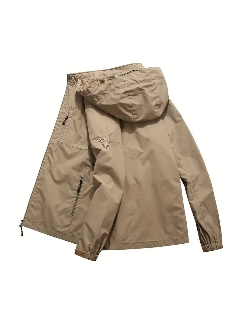 Beige Kapuzenjacke für Herren, seitlich drapiert mit Netzfutter