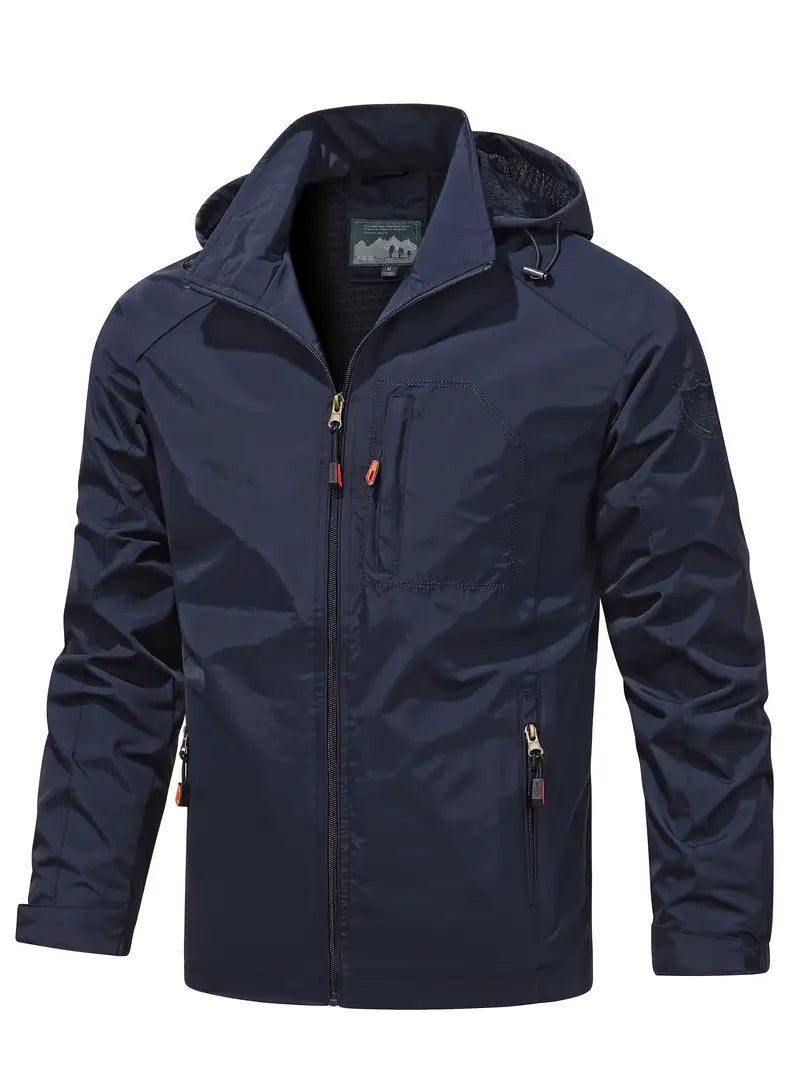 Dunkelblaue Herrenjacke mit Kapuze und Brusttasche, Frontansicht