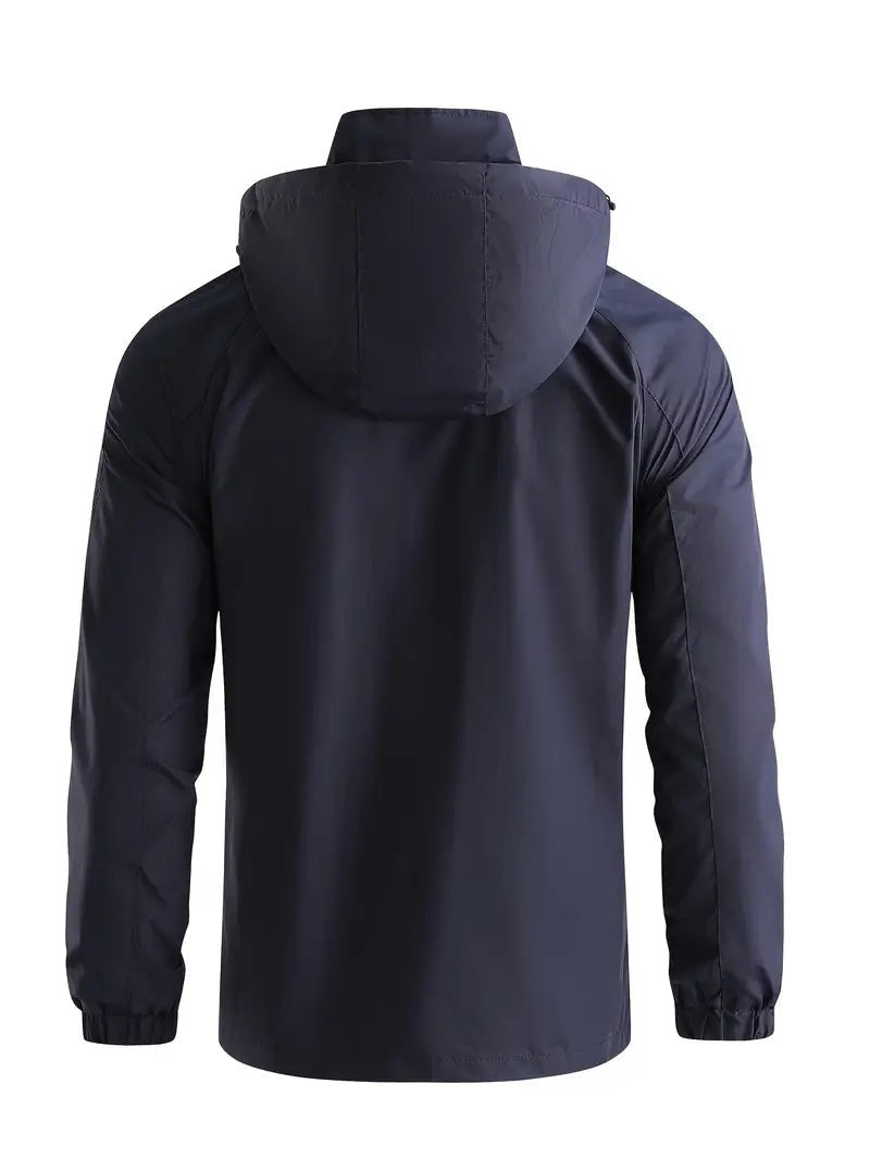 Dunkelblaue Kapuzenjacke für Herren, Rückenansicht mit Kordelzug