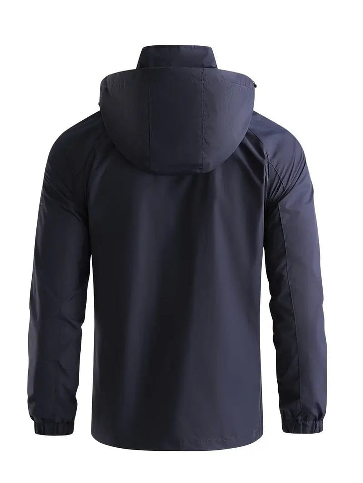 Dunkelblaue Kapuzenjacke für Herren, Rückenansicht mit Kordelzug