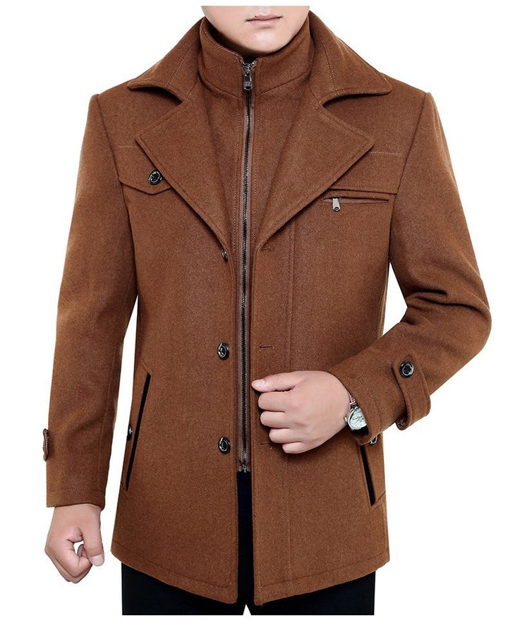 Herren Wollmantel in Camel mit Reißverschluss und Stehkragen