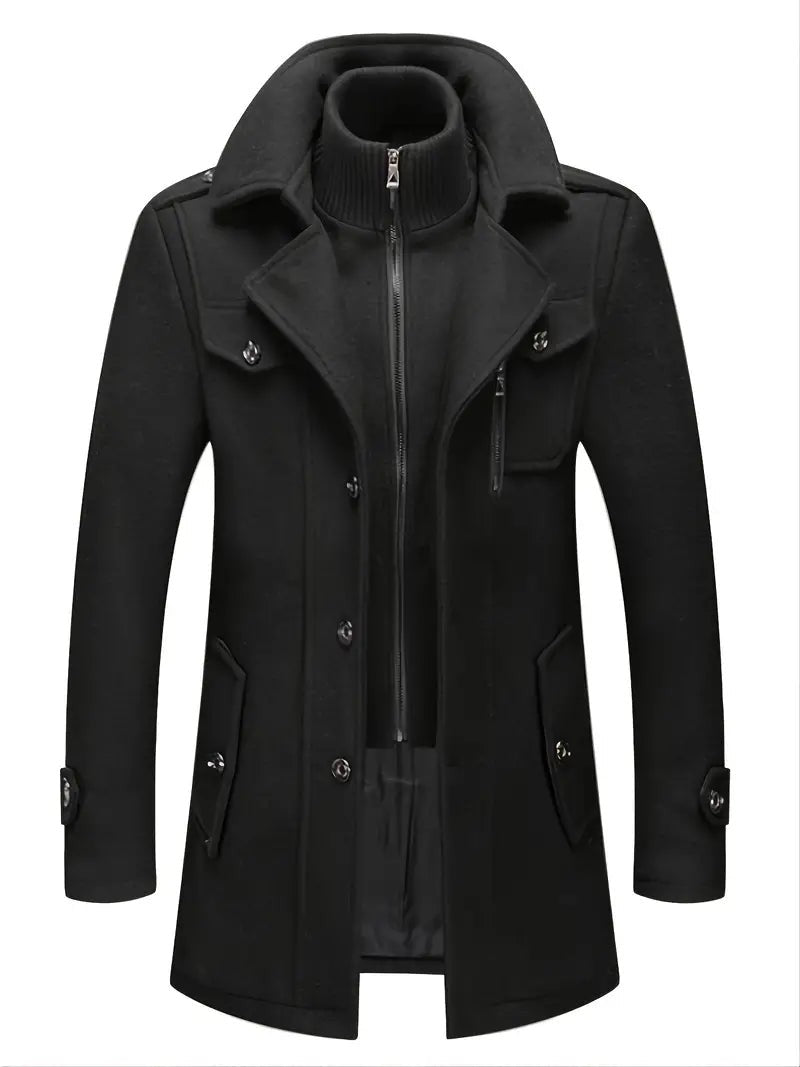 Schwarze Doppelkragen-Jacke Herren mit Reißverschluss und Strickkragen