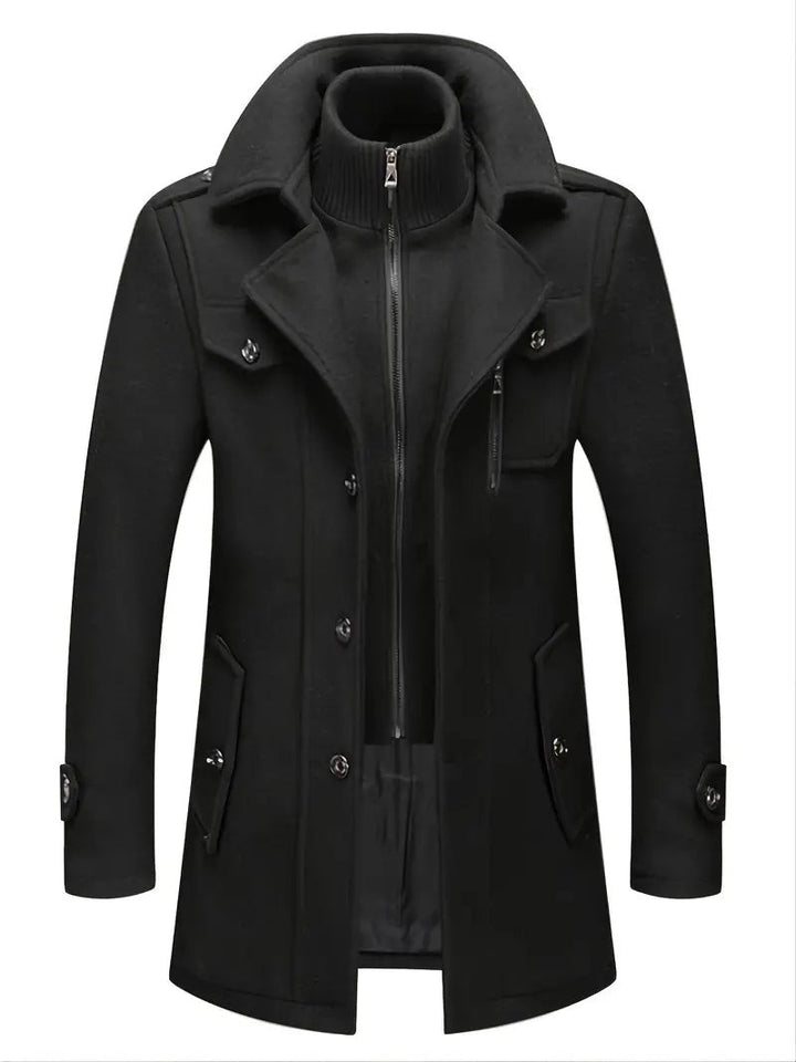 Schwarze Doppelkragen-Jacke Herren mit Reißverschluss und Strickkragen