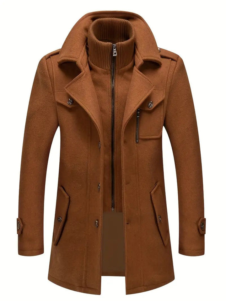 Camelfarbene Doppelkragen-Jacke Herren mit Reißverschluss und Klappentaschen