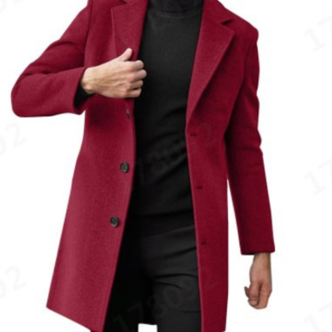 Bordeauxroter Wollmantel für Herren kombiniert mit schwarzem Rollkragenpullover