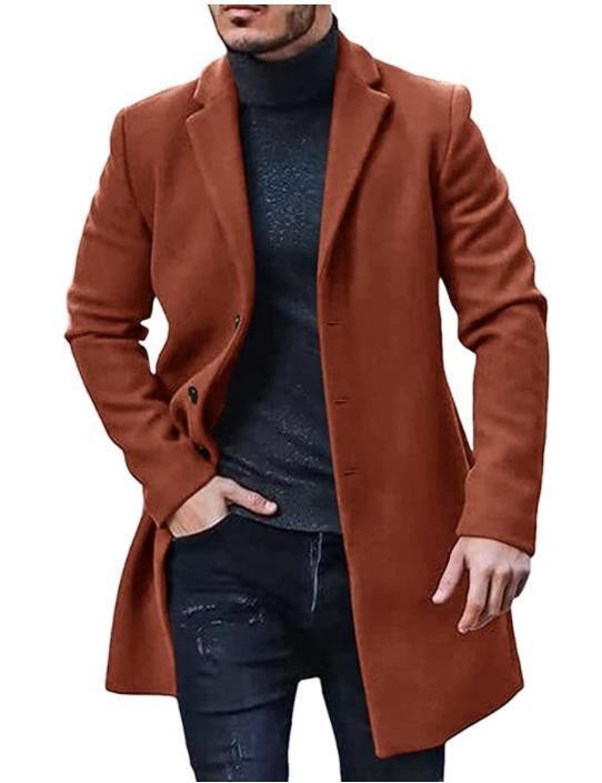 Rostbrauner Wollmantel für Herren, eleganter Look mit Knopfverschluss