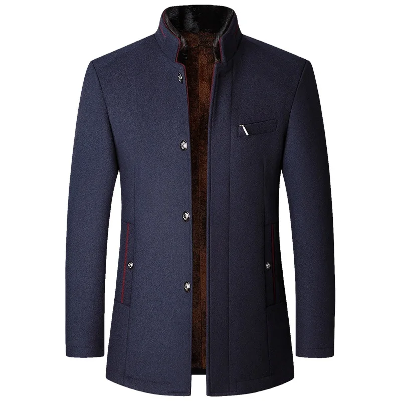 Marineblauer Wollmantel Herren mit Stehkragen und roten Akzenten