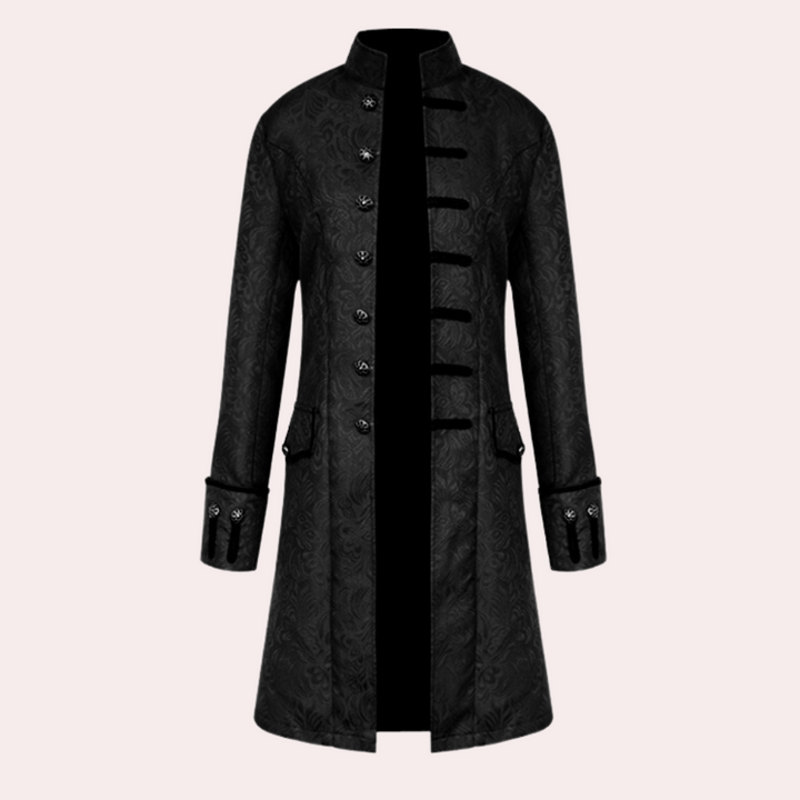 Schwarzer Herrenmantel mit Samteinsätzen und verzierten Knöpfen im Steampunk-Look