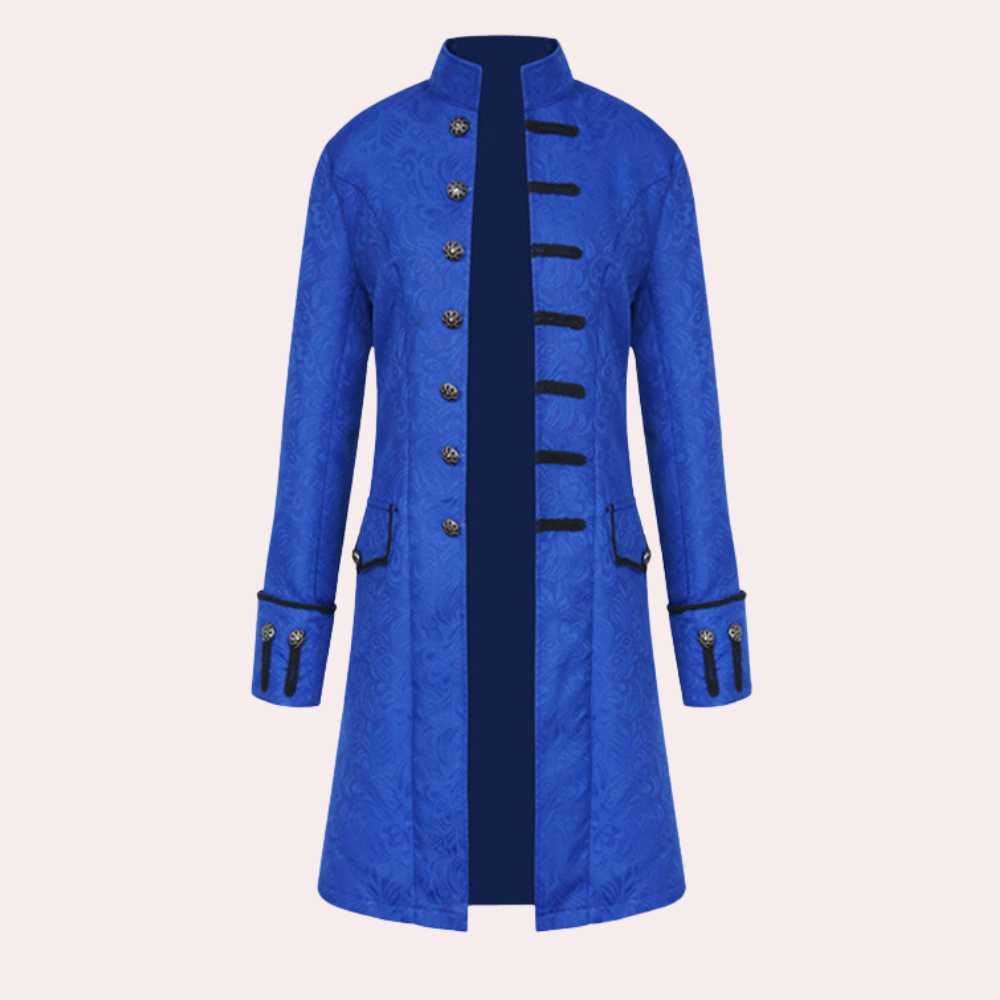 Blauer Gehrock mit Stehkragen und schwarzen Zierknöpfen im Vintage-Design