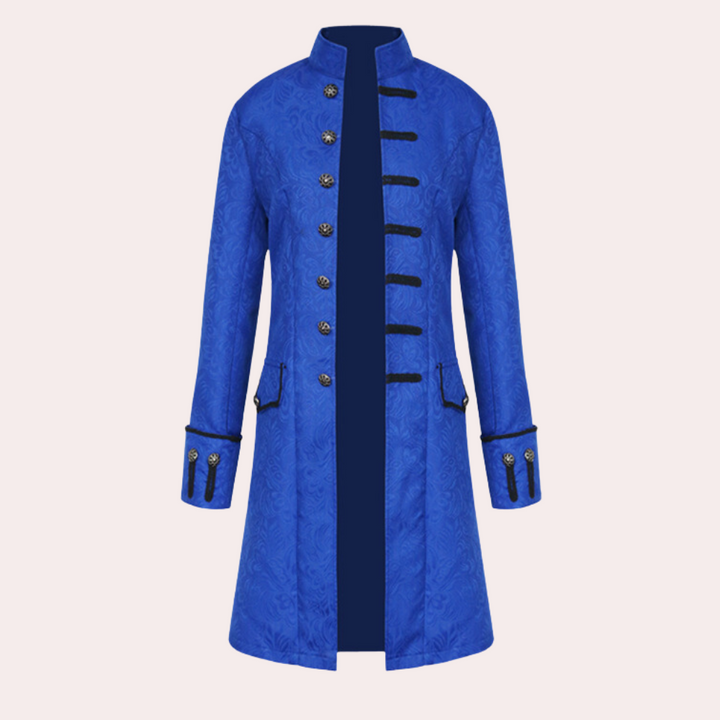 Blauer Gehrock mit Stehkragen und schwarzen Zierknöpfen im Vintage-Design
