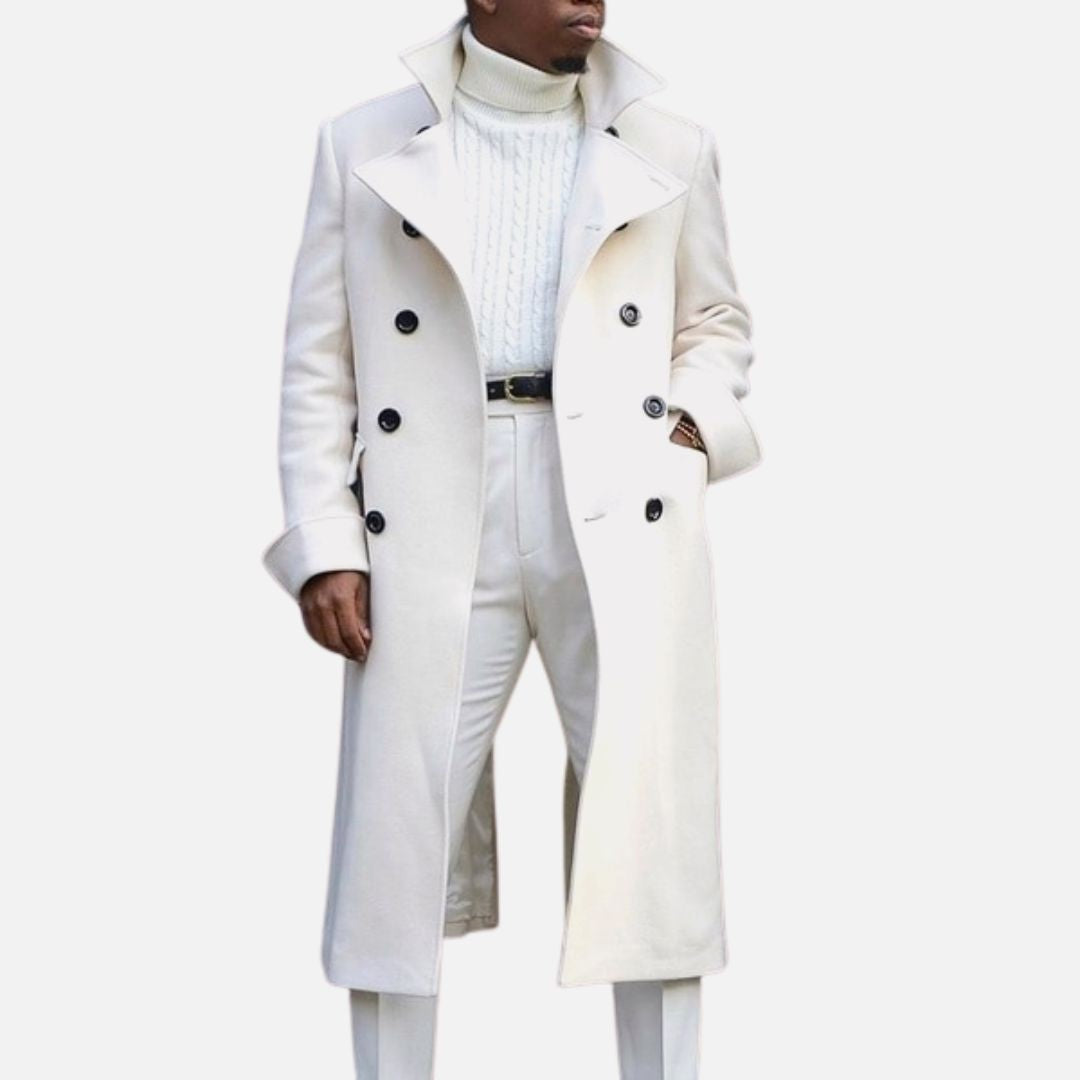 Langer zweireihiger Herrenmantel in Creme mit Stehkragen und Knopfleiste