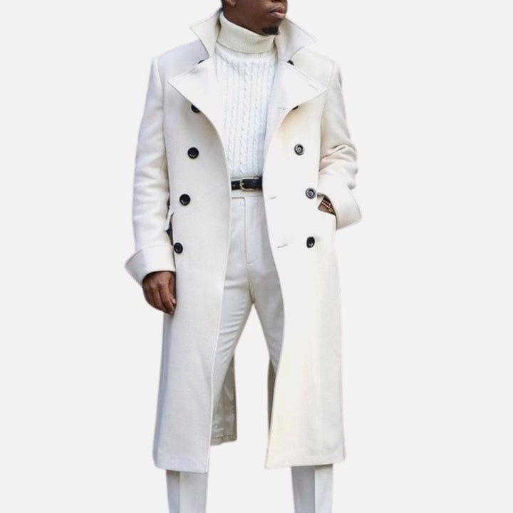 Langer zweireihiger Herrenmantel in Creme mit Stehkragen und Knopfleiste
