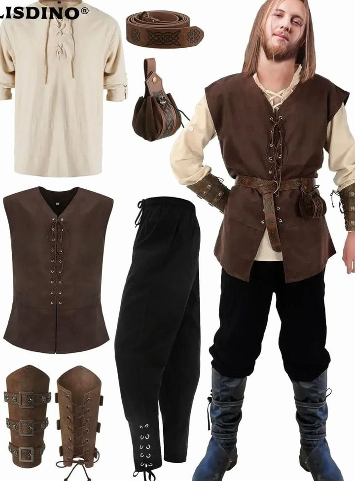 Mittelalter-Kostüm-Set Herren mit Weste, Hemd, Hose, Gürtel und Armstulpen in Braun