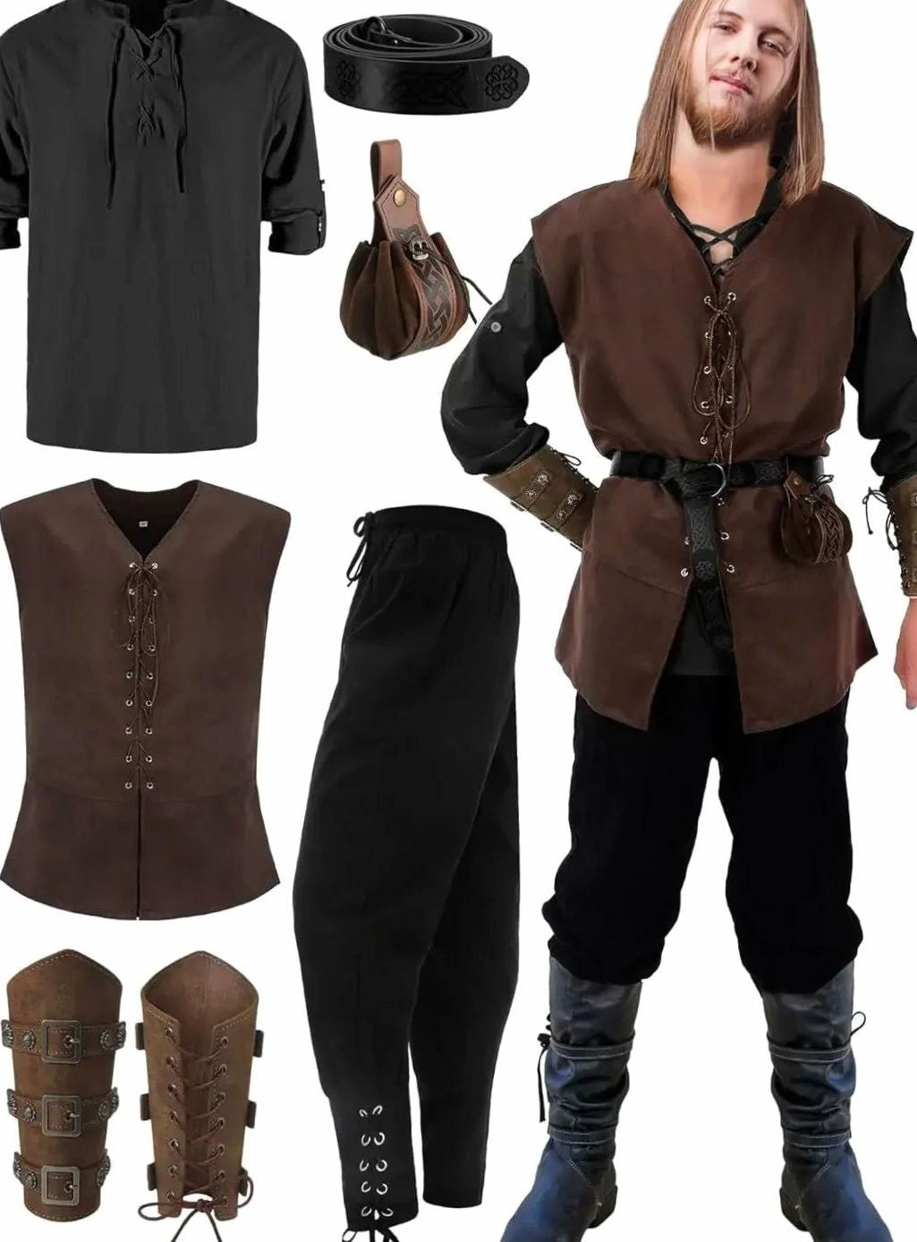 Mittelalterliches Herrenoutfit mit schwarzem Hemd und brauner Lederweste
