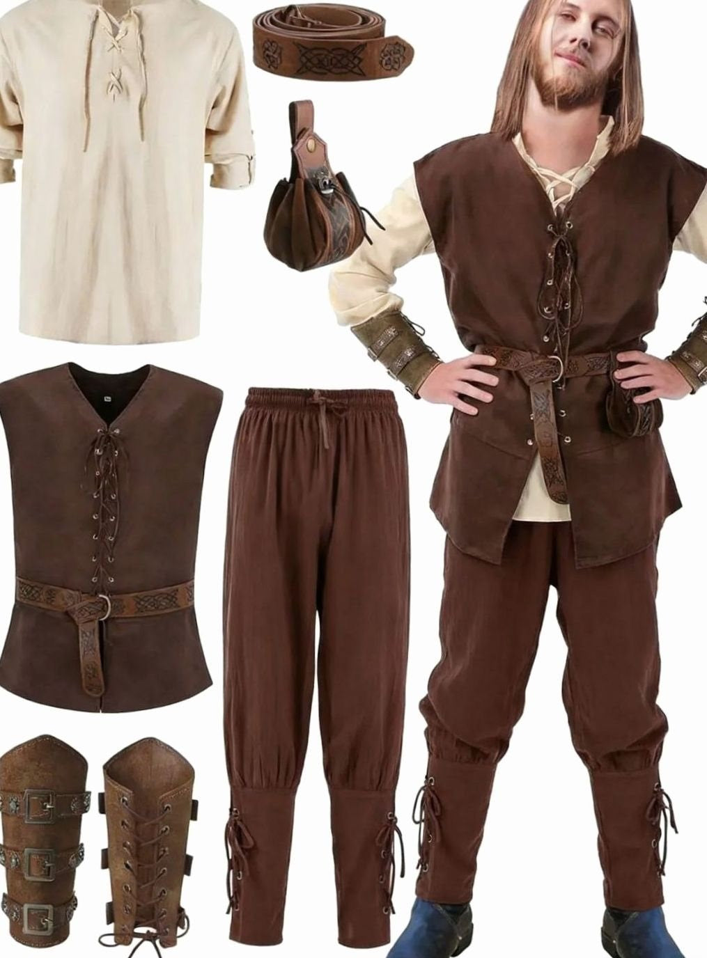 Komplettes Mittelalter-Kostüm für Herren in Braun mit Hose, Weste und Gürtel