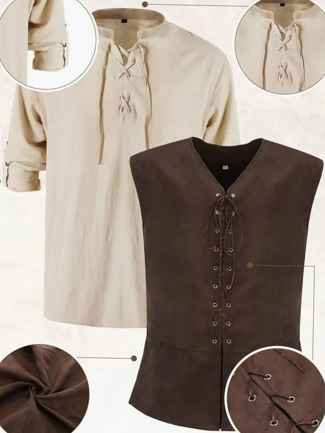 Beige Schnür-Hemd und braune Schnürweste im Mittelalter-Look für Herren