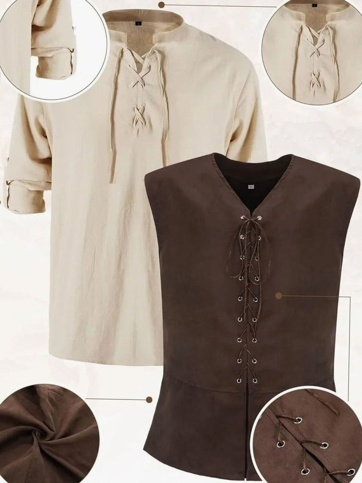 Beige Schnür-Hemd und braune Schnürweste im Mittelalter-Look für Herren