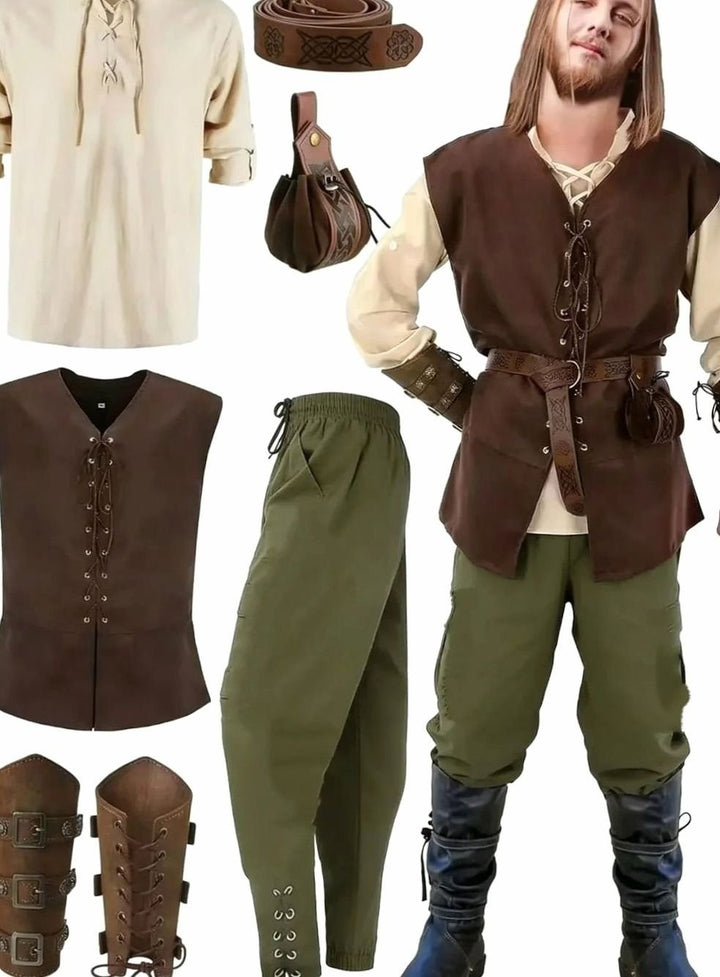 Herren-Mittelalterkostüm mit brauner Weste, olivgrüner Hose und Lederaccessoires
