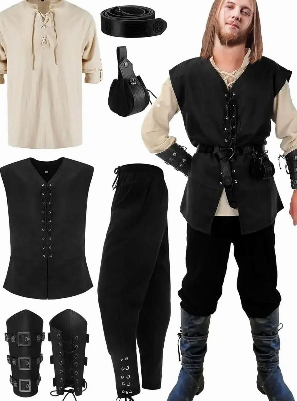 Schwarzes Mittelalter-Herrenkostüm mit Weste, Hose, Gürtel und Armstulpen