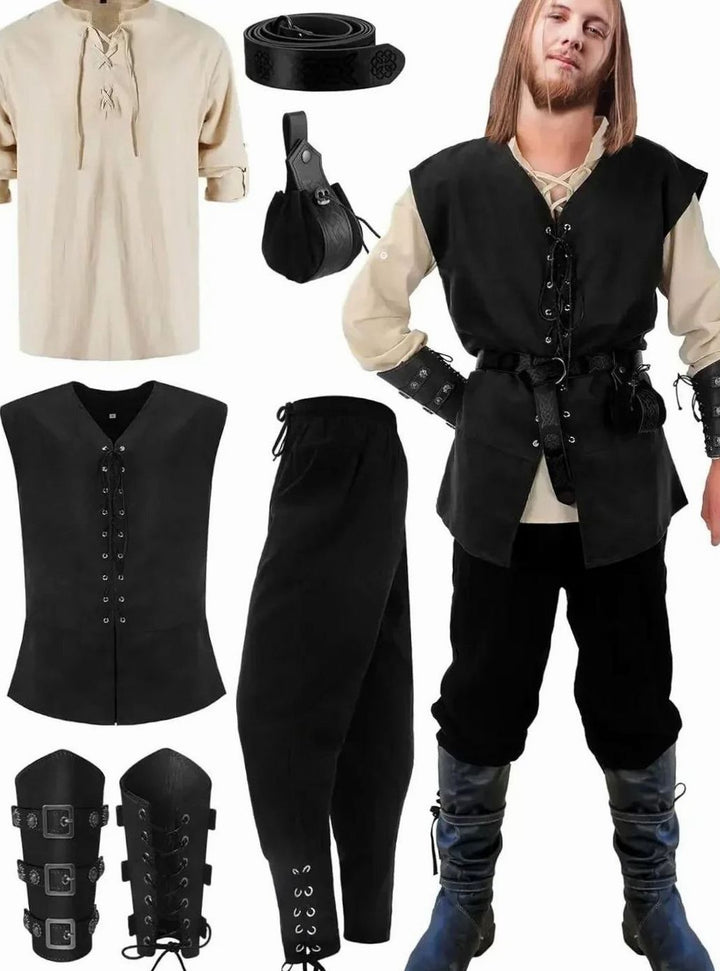 Schwarzes Mittelalter-Herrenkostüm mit Weste, Hose, Gürtel und Armstulpen