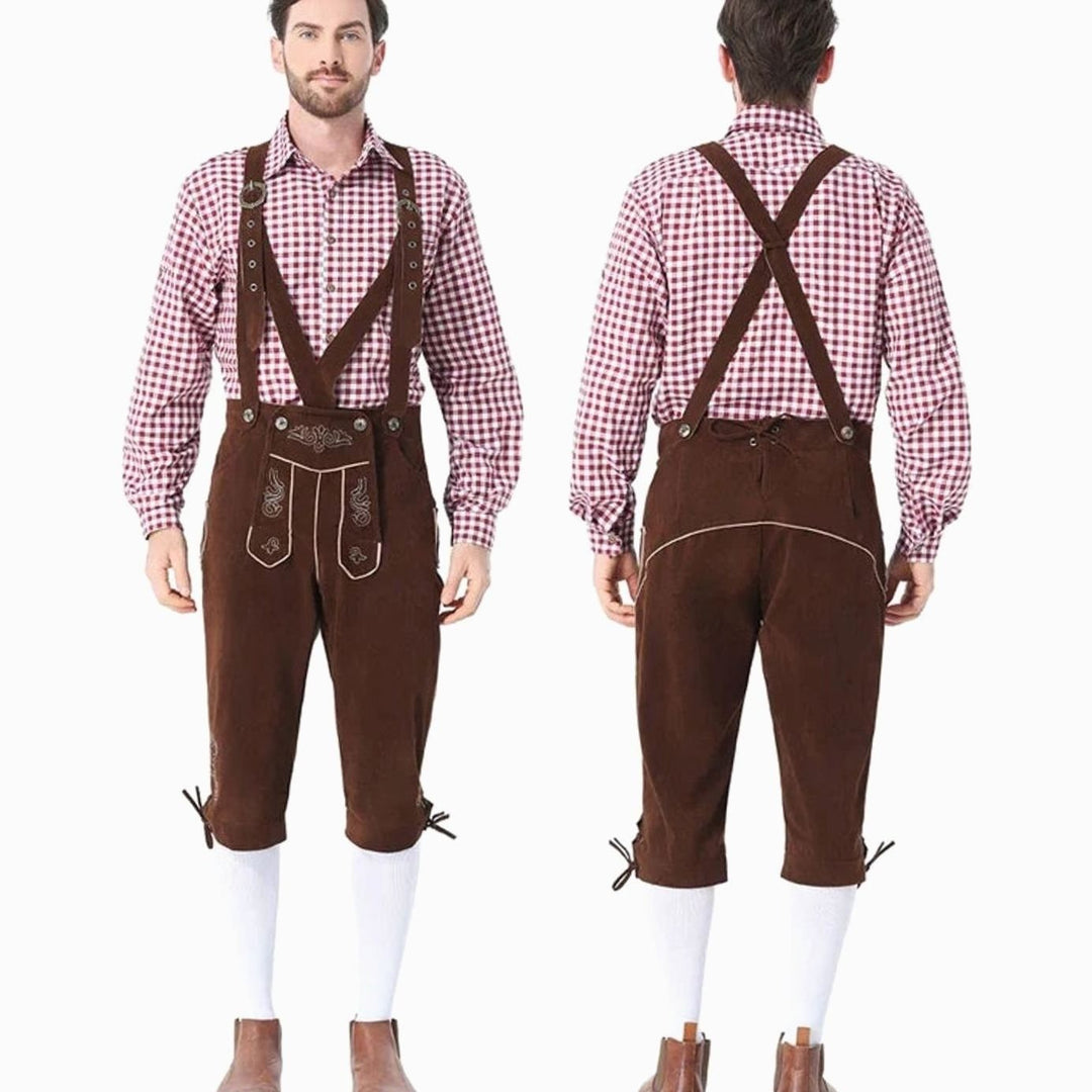 Herren Oktoberfest Kostüm mit brauner Lederhose und kariertem Hemd, Vorder- und Rückansicht