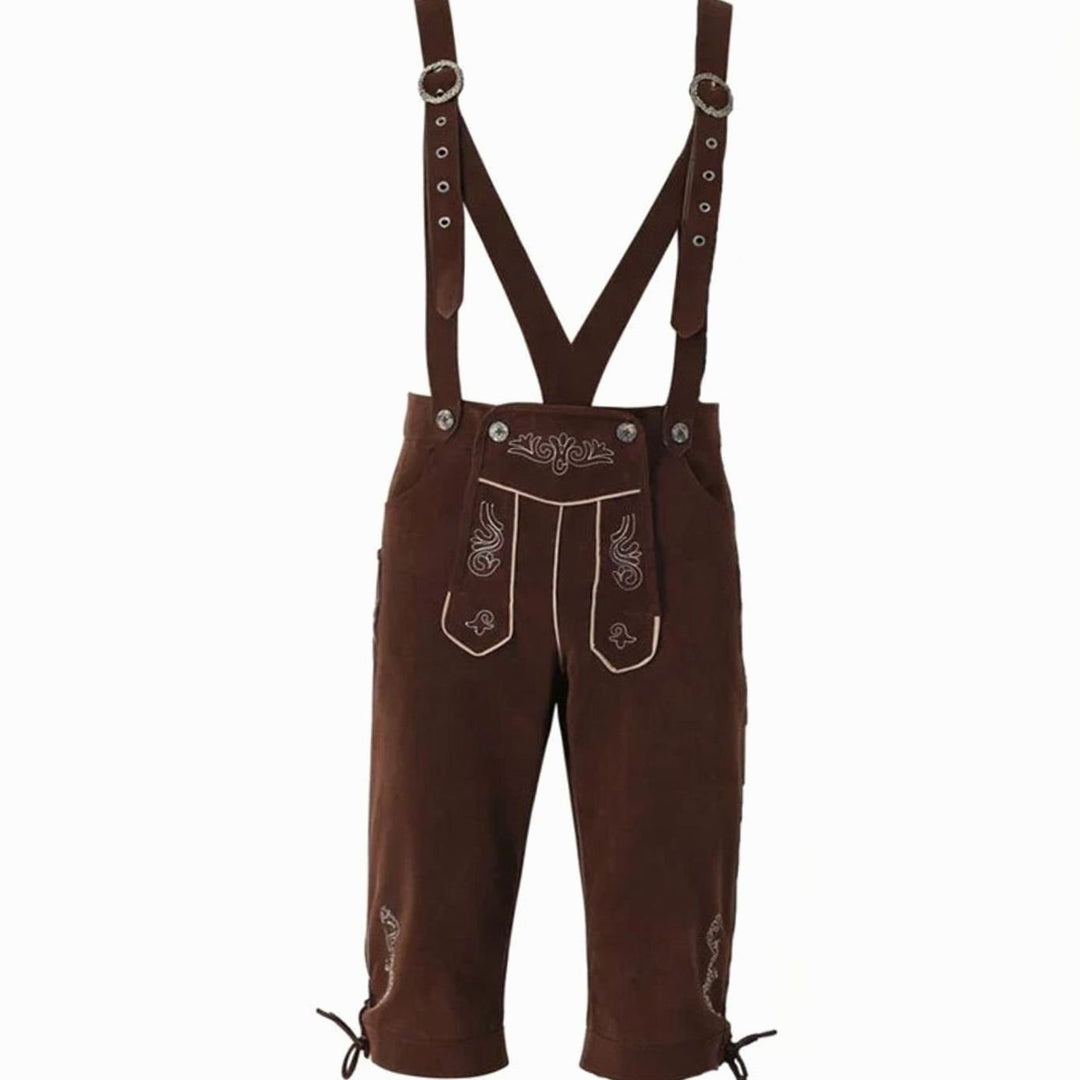 Braune Kniebund-Lederhose mit Hosenträgern und floraler Stickerei