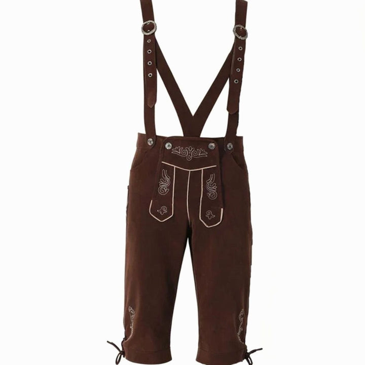 Braune Kniebund-Lederhose mit Hosenträgern und floraler Stickerei