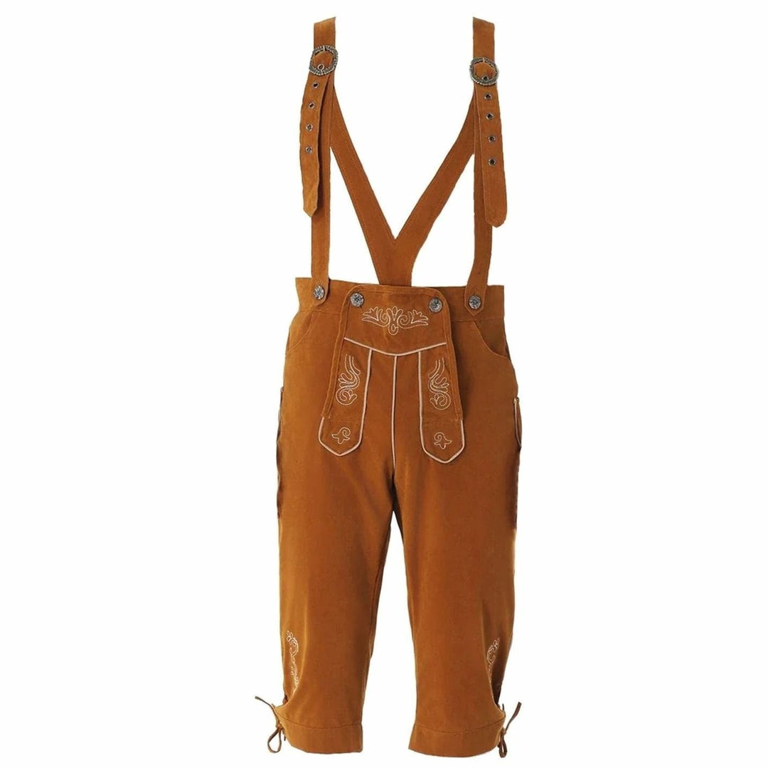Cognacfarbene Lederhose mit Trägern, Stickerei und Bindebändern am Knie