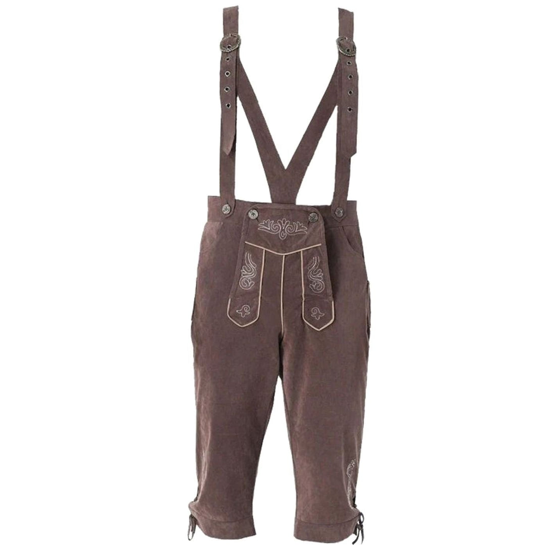 Dunkelbraune Trachten-Lederhose mit Hosenträgern und verzierter Latzblende