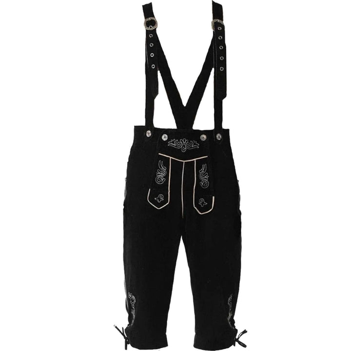Schwarze Kniebund-Lederhose mit Hosenträgern und dezenter Stickverzierung