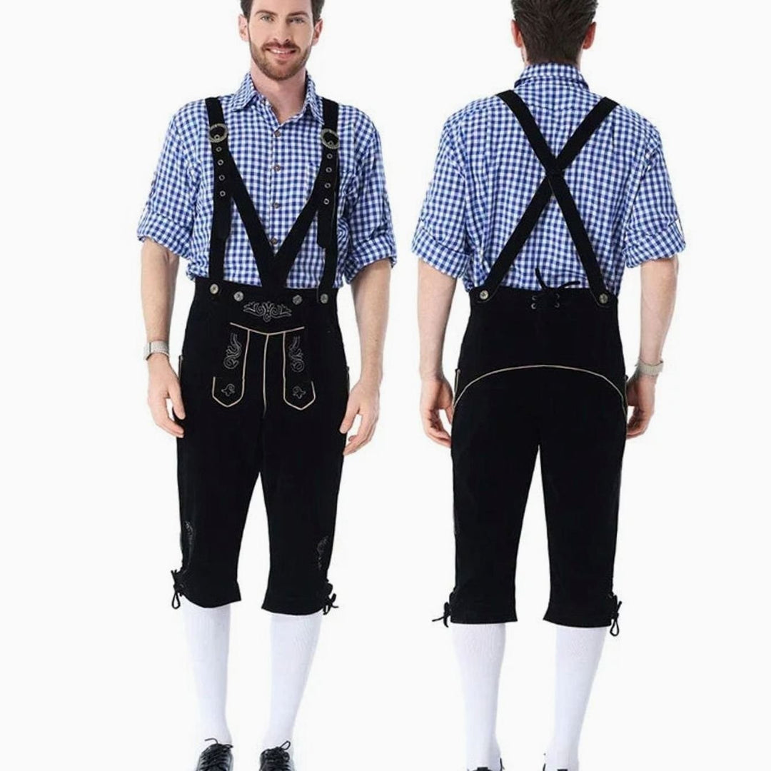 Trachten-Set mit schwarzer Kniebund-Lederhose und blau-weiß kariertem Hemd
