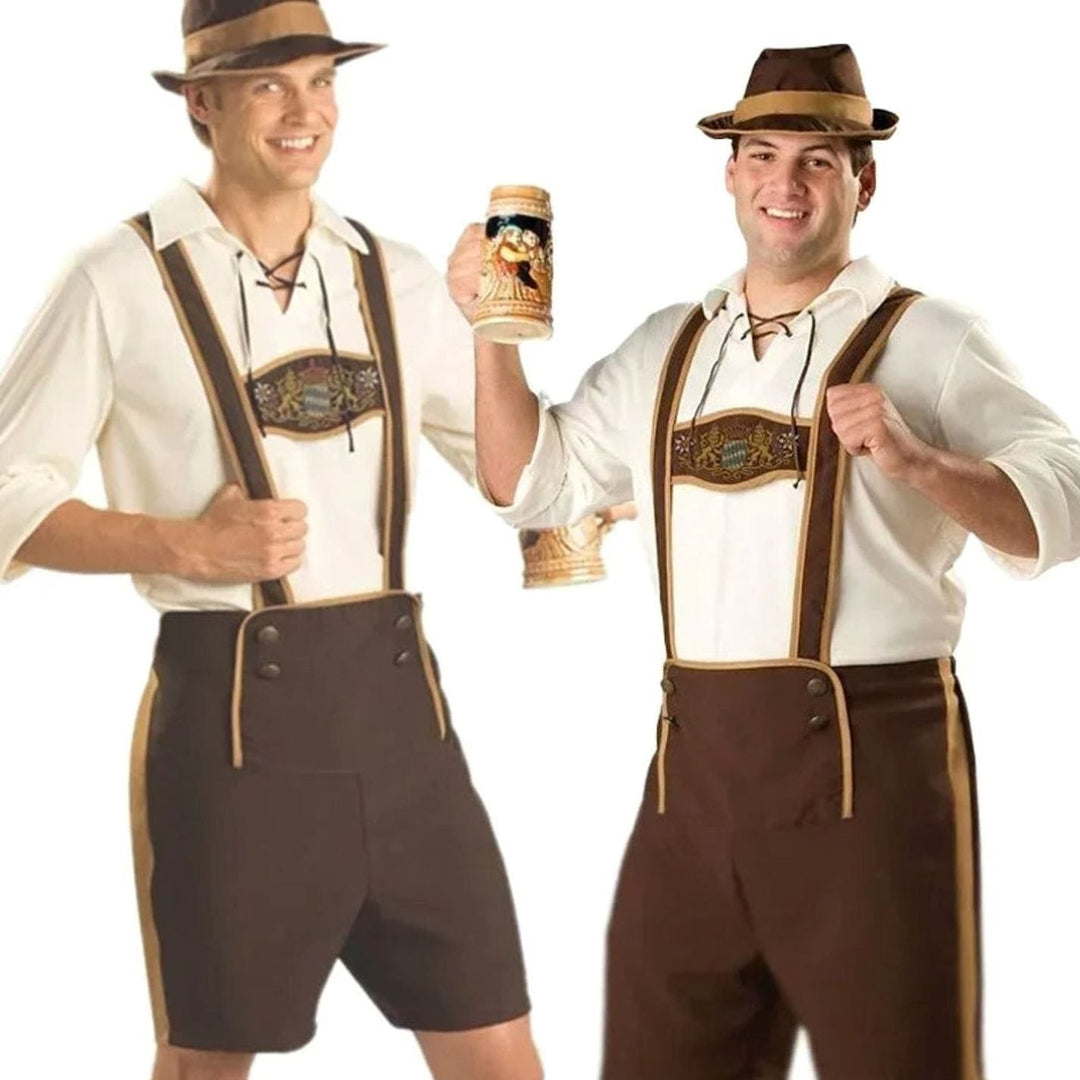 Zwei Männer im Oktoberfest Kostüm mit Lederhosenträgern, einer in kurzer, einer in langer Trachtenhose