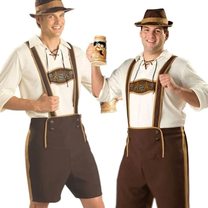 Zwei Männer im Oktoberfest Kostüm mit Lederhosenträgern, einer in kurzer, einer in langer Trachtenhose