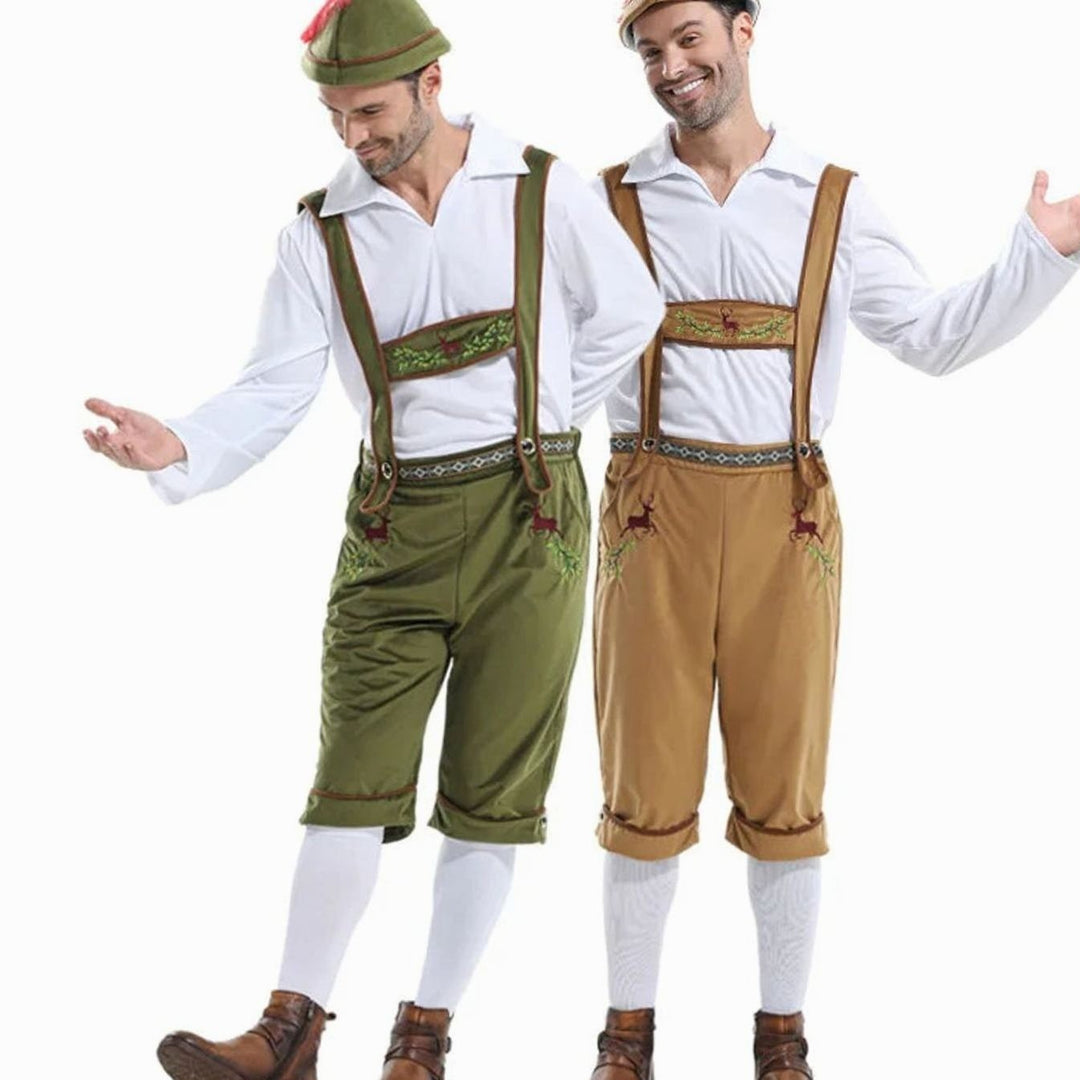 Herren Trachtenkostüm mit Hirschstickerei, Hosenträgern und weißem Hemd in zwei Farben
