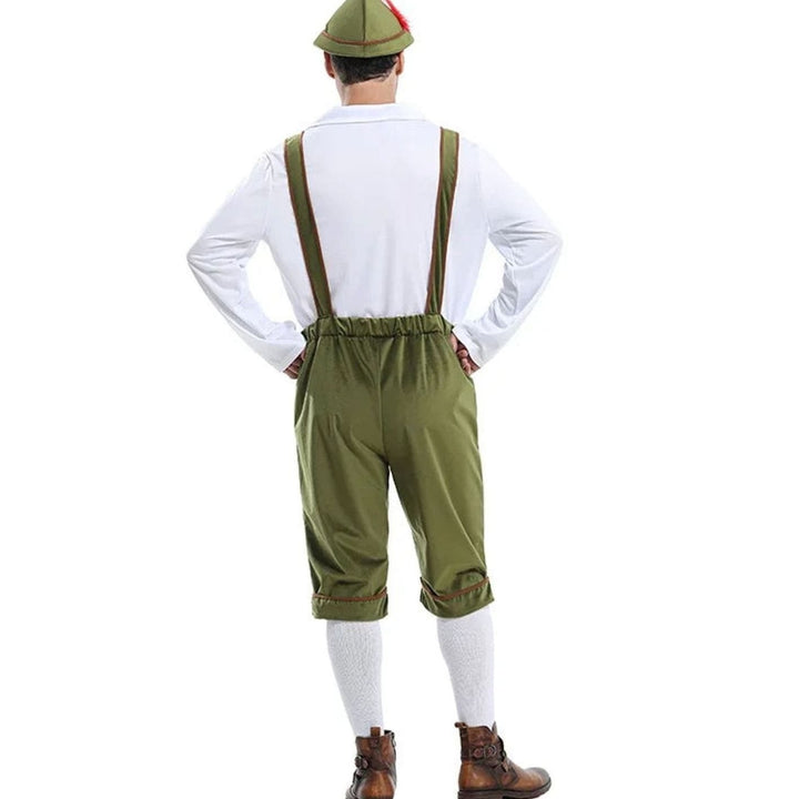Rückansicht Oktoberfest Kostüm mit grüner Lederhose, Hosenträgern und Filzhut