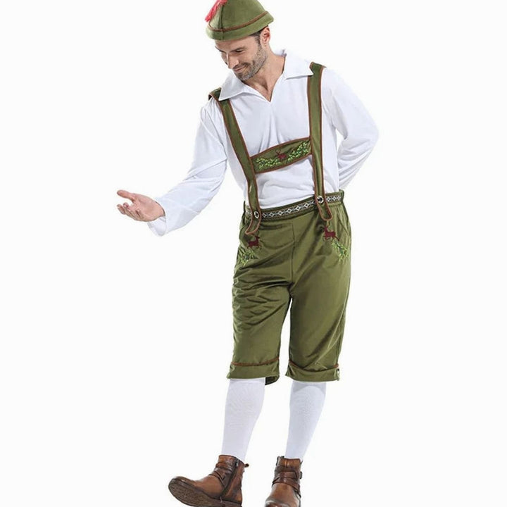 Herren Lederhosen Kostüm in Olivgrün mit Hirschmotiv und Kniebundhose seitlich