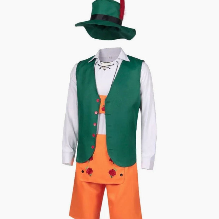 Herren Oktoberfest Set mit grüner Weste und oranger Trachtenhose, seitlich präsentiert
