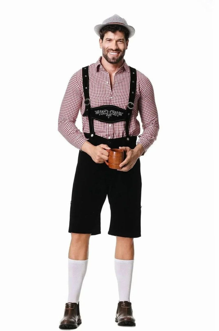 Herren Oktoberfest Kostüm mit rot-kariertem Trachtenhemd und schwarzer Lederhose