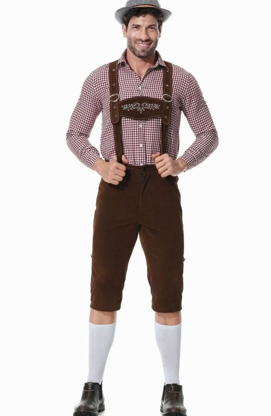 Trachtenkostüm mit braunem Lederhosen-Look und kariertem Hemd für Oktoberfest