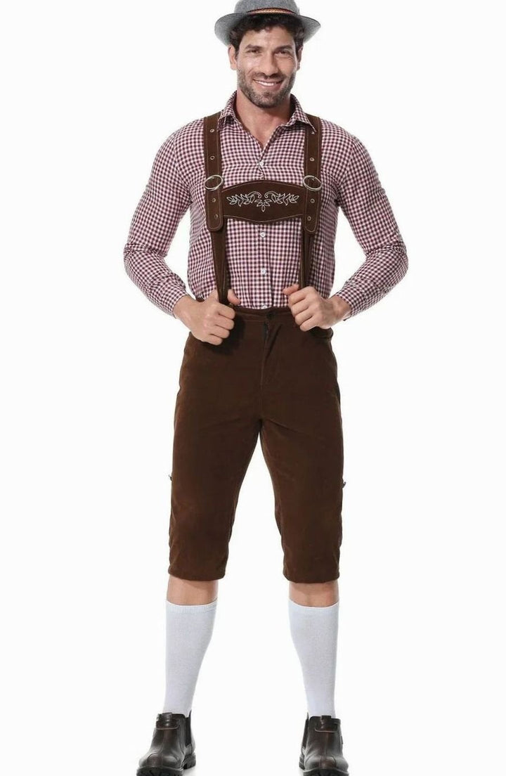 Trachtenkostüm mit braunem Lederhosen-Look und kariertem Hemd für Oktoberfest