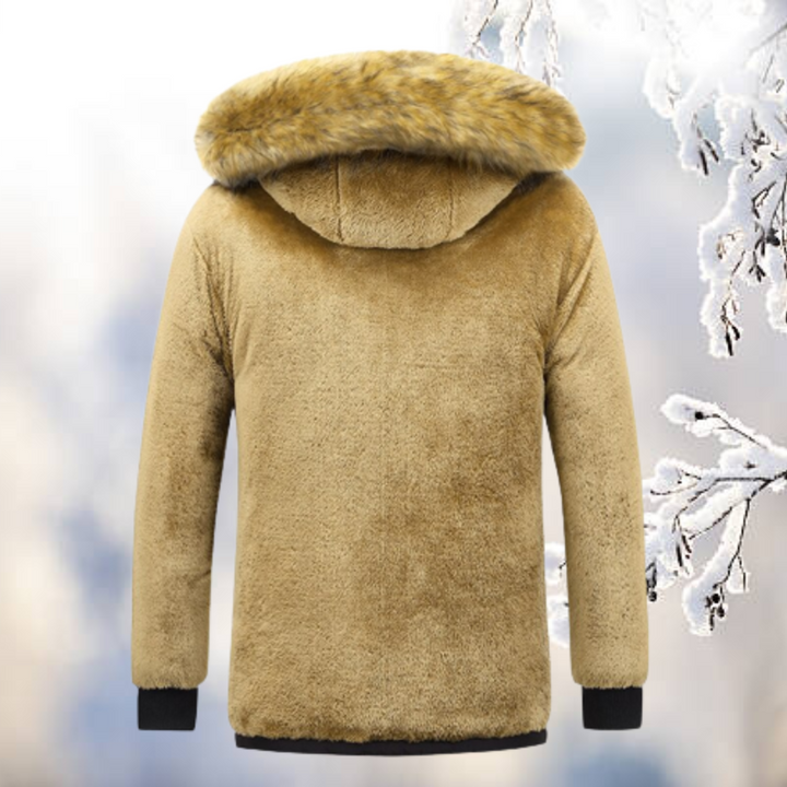 Beige Fleece-Innenfutter mit Fellkapuze eines Winterparkas, Rückenansicht