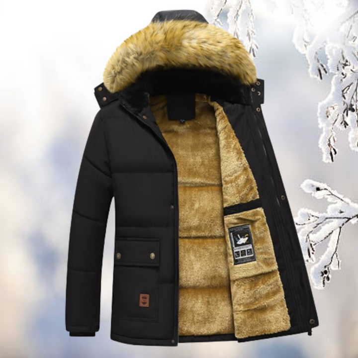 Schwarzer Herrenparka mit Fellkapuze und beigem Teddyfutter, seitlich offen