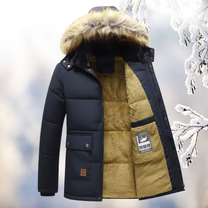Dunkelblauer Winterparka mit Fellkragen und beigem Fütter, seitliche Ansicht