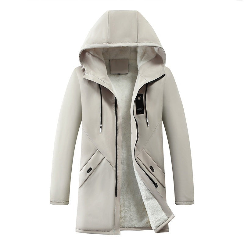 Beige Winterjacke mit Kapuze und flauschigem Innenfutter, aufgeknöpft