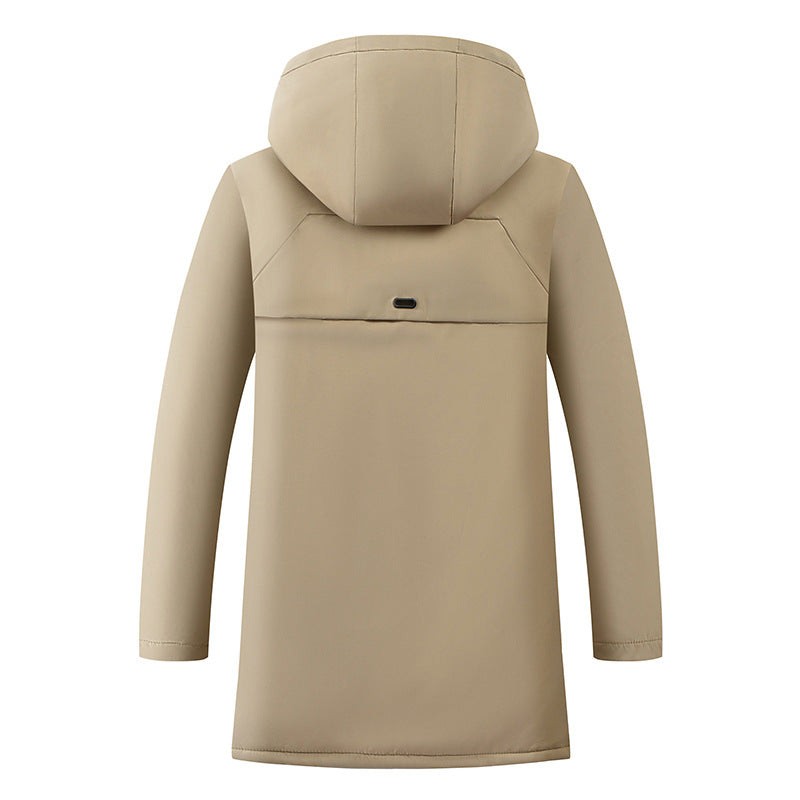 Beige Parka von hinten mit Kapuze und geradem Schnitt