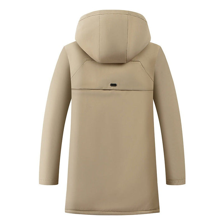 Beige Parka von hinten mit Kapuze und geradem Schnitt