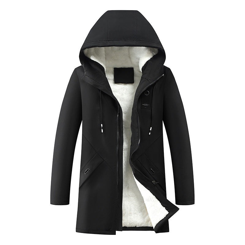 Schwarze Winterjacke mit Kapuze und kuscheligem Futter, Frontansicht