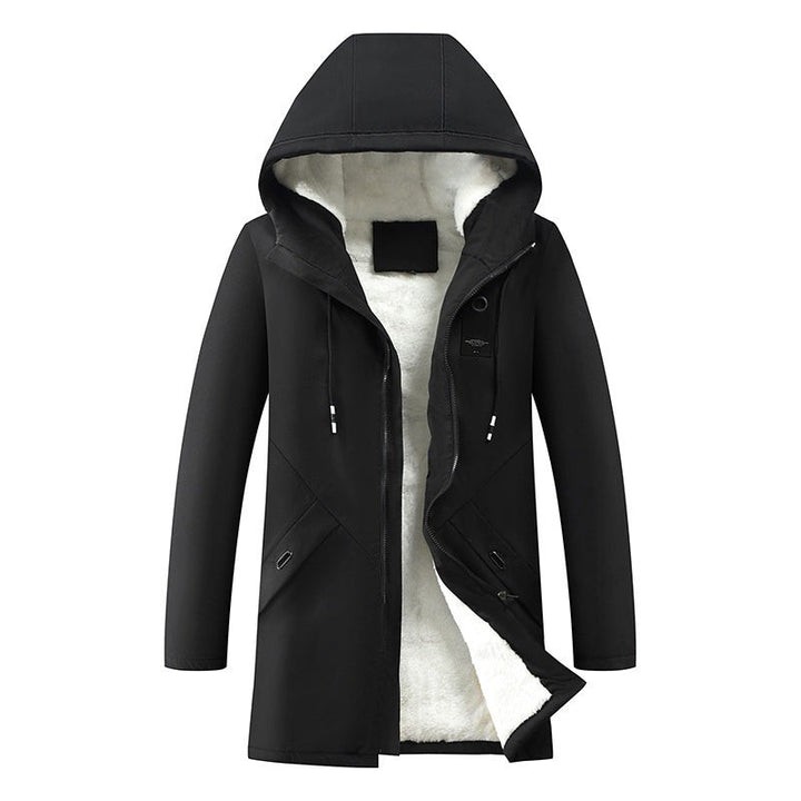Schwarze Winterjacke mit Kapuze und kuscheligem Futter, Frontansicht